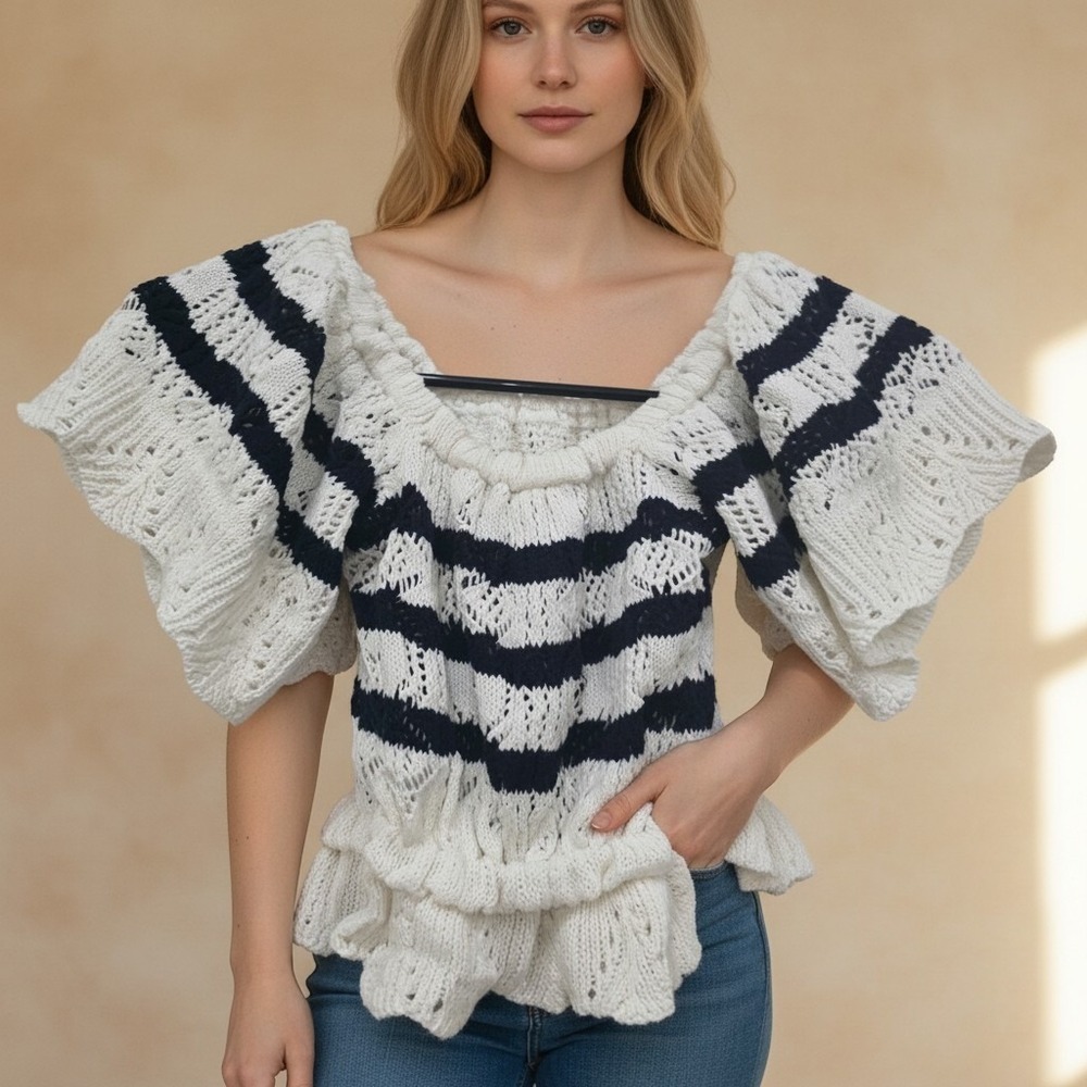 Lulus Striped Pointelle Knit Flutter Sleeve Top Cream Navy Blue XS NWT